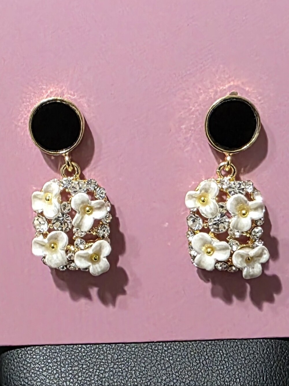 Kim Co Studio s925 Gold & White Floral Drop Earrings With Crystal Rhinestones